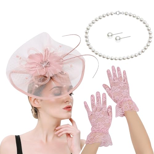 Französischer Fascinator-Hut mit Halskette, Handschuhen und Ohrsteckern, Kostüm-Set für Pferderennen und Halloween-Partys von BLNGET