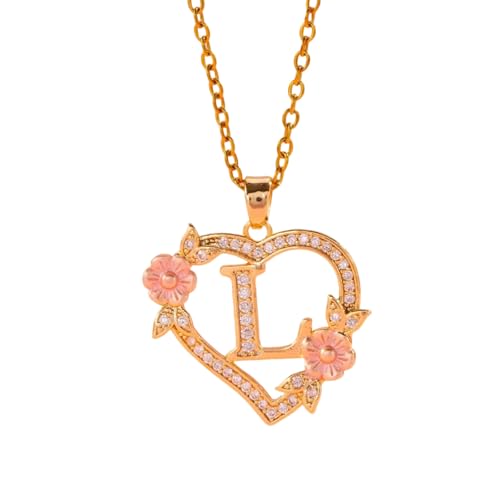 Halskette mit ausgehöhltem Herz-Blumen-Buchstaben-Anhänger, anpassbar, Messing-Schmuck, elegantes, leichtes Design für Damen, As show, Messing von BLNGET