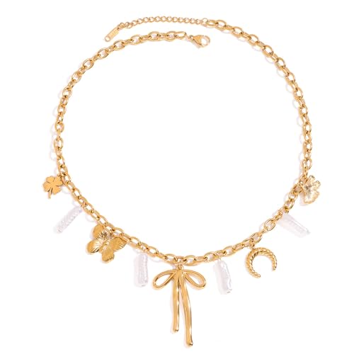Schlichte Halskette mit Anhänger mit Perlen und Schleife, Edelstahl, minimalistischer Schmuck, verstellbare Kette für individuelle Passform von BLNGET