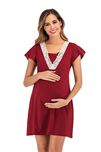BLOMDE Nachthemd Damen Stillkleid Sommer stillpyjama still Pyjama Nachthemd Geburt umstandsnachthemd -Red_L von BLOMDE