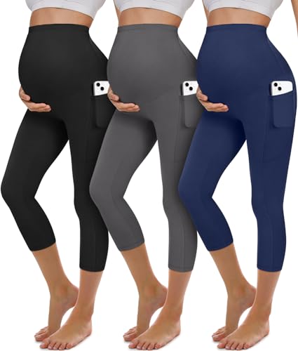 BLONGW Umstands-Capri-Leggings mit Taschen über dem Bauch, Schwangerschafts-Yogahose, Activewear, weiche Workout-Leggings, 3er-Pack von BLONGW