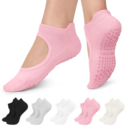 Rutschfeste Pilates-Socken mit Griffen für Frauen, Griffsocken für Yoga, Ballett, Barfußtraining, rutschfeste Sportsocken, 04-schwarz/grau/weiß/milchweiß/haut rot, Einheitsgröße von BLONGW