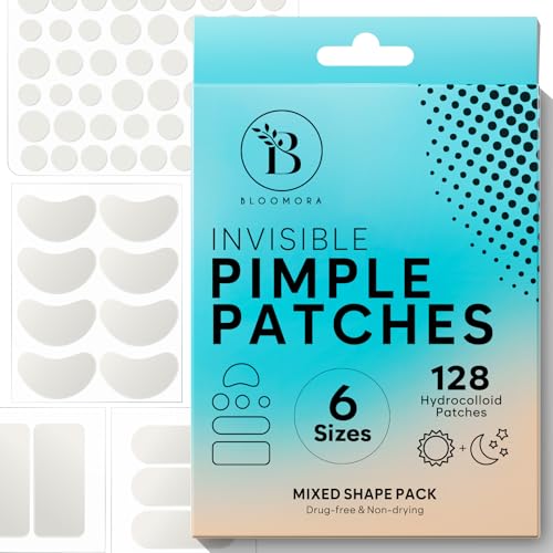 Unsichtbare Pickel Patch Groß, Hydrokolloid Pflaster für Akne, Pimple Patches für das Gesicht, Akne Patch, Halbmond, Rechteck, Oval (6 Größen, 128 Stück) von BLOOMORA