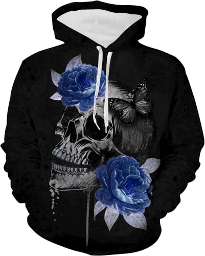 BLOORI Damen Totenkopf Hoodie 3D Druck Pullover mit Kapuze Langarm Sweatshirts Tops Kapuzenjacke mit Tasche (Totenkopf5,3XL) von BLOORI