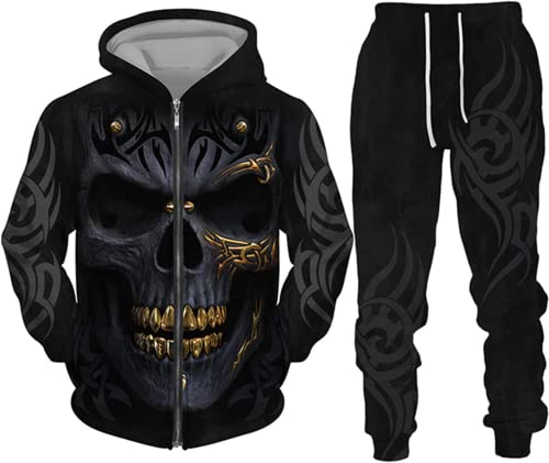 BLOORI Totenkopf Herren Trainingsanzug Jogginganzug 3D Skull Pattern Hoodie und Hose Kapuzenpullover Zweiteiliges Set (Totenkopf1,4XL) von BLOORI