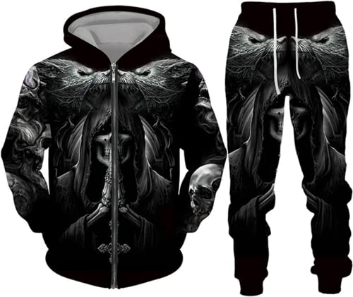 BLOORI Totenkopf Herren Trainingsanzug Jogginganzug 3D Skull Pattern Hoodie und Hose Kapuzenpullover Zweiteiliges Set (Totenkopf2,M) von BLOORI