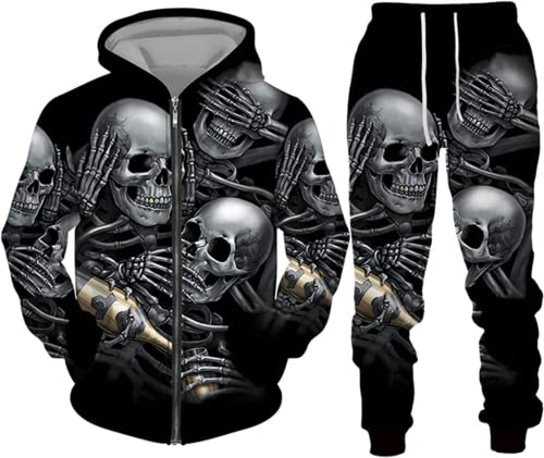 BLOORI Totenkopf Herren Trainingsanzug Jogginganzug 3D Skull Pattern Hoodie und Hose Kapuzenpullover Zweiteiliges Set (Totenkopf7,XL) von BLOORI