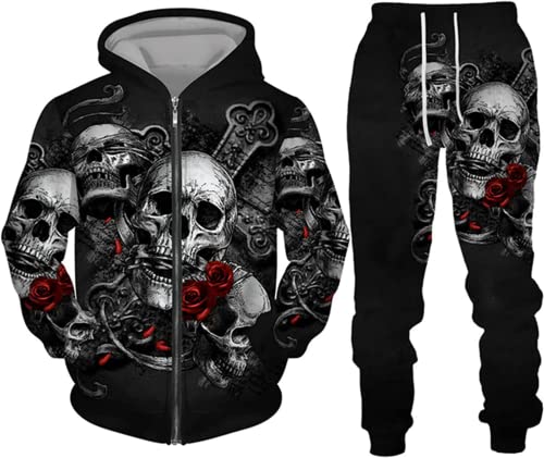 BLOORI Totenkopf Herren Trainingsanzug Jogginganzug 3D Skull Pattern Hoodie und Hose Kapuzenpullover Zweiteiliges Set (Totenkopf8,M) von BLOORI