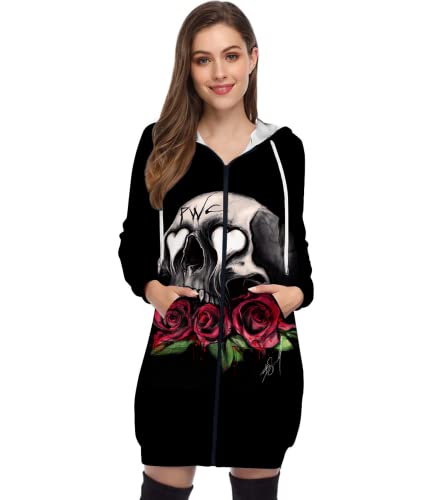 Damen Totenkopf Hoodie Sweatshirt,Kapuzen Jacke für Frauen Mädchen,Skull Kapuzenpullover Kapuzen,Langarmshirt Sweat Shirts,Winterjacke mit Reißverschluss (Totenkopf3,4XL) von BLOORI