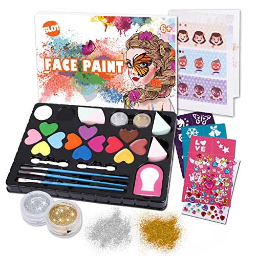 Kinderschminke Set 14 Farben Professionelle Schminkfarben Mädchen mit Pinsel Schablonen Glitzer Kinder Gesichtsfarben für Fasching Weihnachten Karneval von BLOT