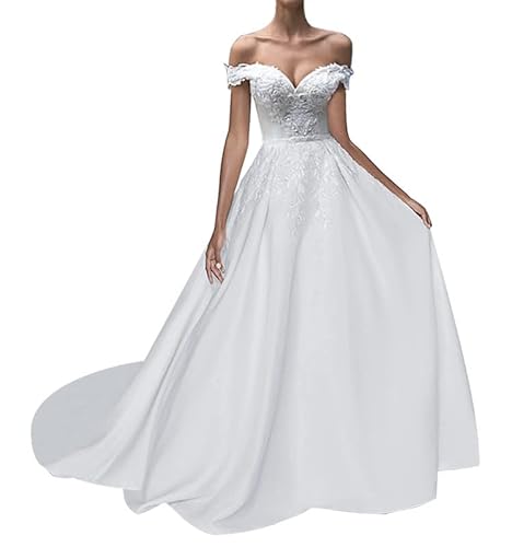 BLPOTA Brautkleid Standesamt Satin Off Shoulder Spitzen Standesamtkleid A-Linie, Elfenbein, 44 von BLPOTA