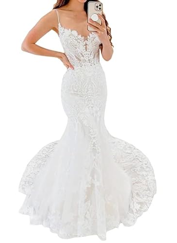 BLPOTA Meerjungfrau Brautkleid Spitzen Lang Spaghettiträger Tüll Meerjungfrau Brautmode, Weiß, 36 von BLPOTA