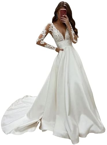 BLPOTA Satin Lang a Linie Spitzen V-Ausschnitt Brautkleid Langarm Braut Standesamtkleid, Elfenbein, 38 von BLPOTA