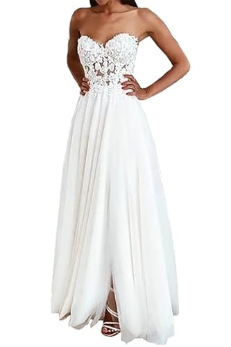 BLPOTA Spitzen Strand Brautmode Chiffon Brautkleid Trägerlos Standesamtliche Braut Kleid, Weiß, 46 von BLPOTA