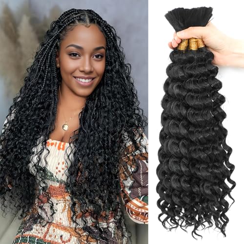 BLTYXT 18 Inch Curly Braiding Hair for Boho Braids Synthetic Deep Wave Bulk No Weft Wet and Wavy Crochet Hair for Women Knotless Braids Hair Extensions (1B, 18 Inch（6 Bundles）) von BLTYXT