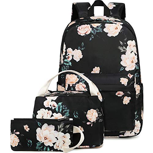 BLUBOON Schulrucksack-Set aus Segeltuch für Teenager und Mädchen, 38,1 cm (15 Zoll) Laptop-Rucksack, Kinder-Lunch-Tasche, Clutch-börse - Schwarz - 12*6.5*17 inch von BLUBOON