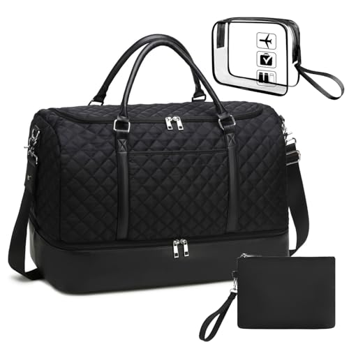 BLUBOON Weekender Reisetasche mit Schuhfach für Damen und Herren, Segeltuch, Wochenend-Reisetasche, Handgepäcktasche, 3 Sets - schwarz gesteppt von BLUBOON