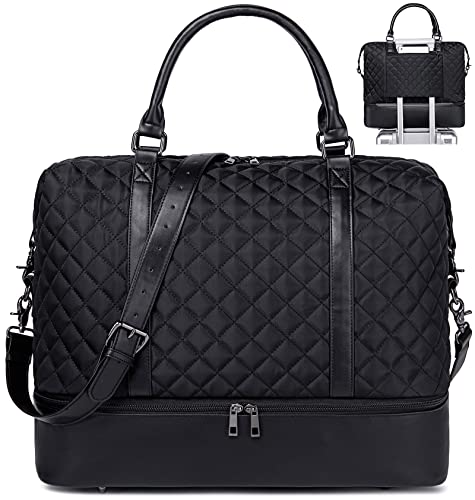 Bluboon Damen-Handgepäcktasche mit Schuhfach, Segeltuch, Reisetasche mit Trolleygriff, 289 schwarz gesteppt, Large, Bluboon Weekender Übernachtungstasche von BLUBOON