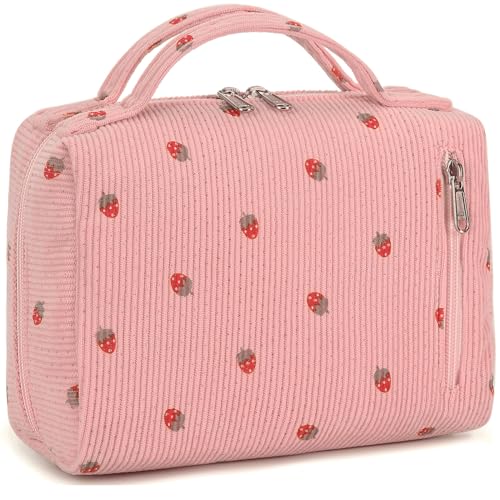 Bluboon Kulturbeutel Reise Make-up Tasche Tragbare Kosmetiktasche Organizer für Frauen und Mädchen, Cord Erdbeeren Rosa von BLUBOON