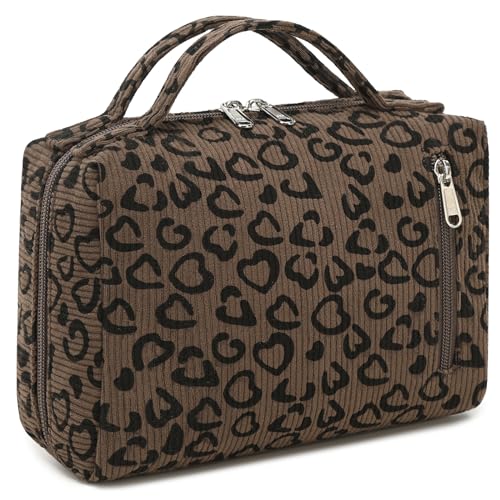 Bluboon Kulturbeutel Reise Make-up Tasche Tragbare Kosmetiktasche Organizer für Frauen und Mädchen, Cord Leopard Herz von BLUBOON