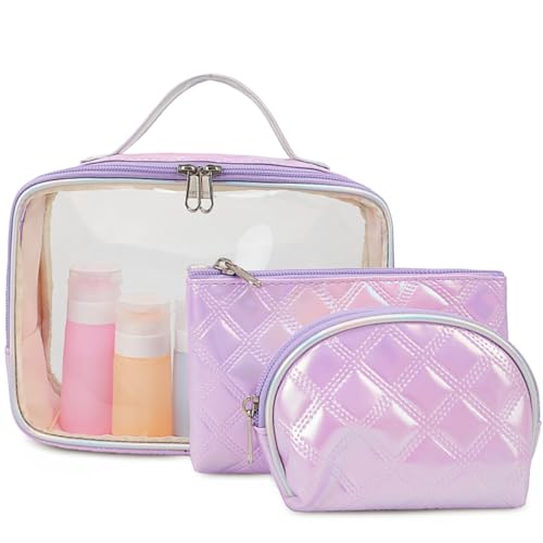 Bluboon Make-up-Tasche, Reise-Kulturbeutel, transparent, Geschenk für Mädchen, Frauen, wasserdicht, Make-up-Tasche, Reißverschluss, 3 Stück, Violett, Transparente Make-up-Tasche von BLUBOON