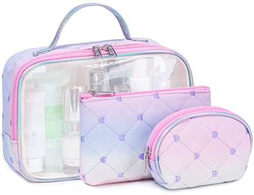 Bluboon Make-up-Tasche, transparent, Reise-Kulturbeutel, TSA-geprüft, Kosmetiktasche für Mädchen und Frauen, wasserdicht, tragbar, 3 Stück, Regenbogenherz, Transparente Make-up-Tasche von BLUBOON