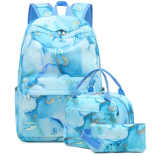 Bluboon Schulrucksack für Teenager, Mädchen, Büchertasche, Set mit Lunchbox, Federmäppchen, Reise, Laptop, Rucksack, lässiger Tagesrucksack, Marmor Gold Blau von BLUBOON