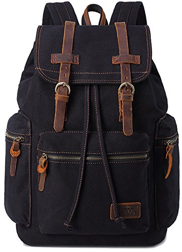 Bluboon Vintage-Rucksack, Lederbesatz, leger, Büchertasche, Herren, Damen, Laptop, Reiserucksack, schwarz von BLUBOON