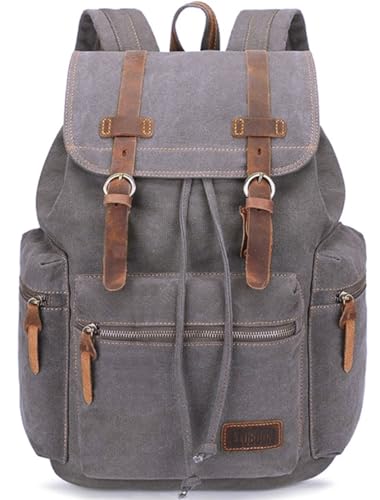 Bluboon Vintage-Rucksack mit Lederbesatz, lässige Büchertasche, für Herren und Damen, Laptop, Reiserucksack .., GRAU, Large, Rucksack Rucksäcke von BLUBOON