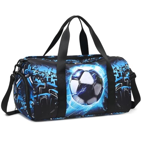 Kinder-Reisetasche für Jungen, wasserabweisend, kleine Sporttasche, Übernachtung, Wochenend-Reisetasche, mit Schuhfach und Nassfach, Blue-passion Fußball von BLUBOON