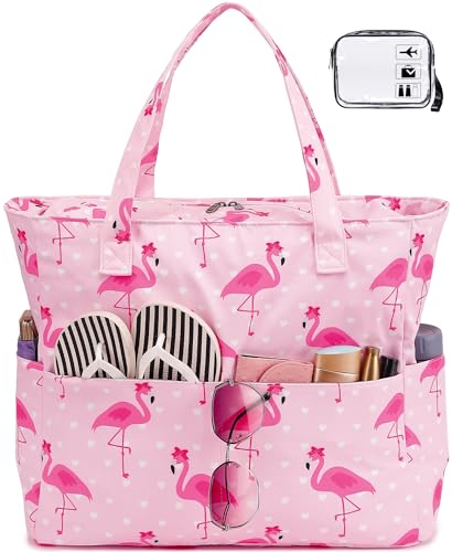 Strandtasche für Damen, große Sporttasche, Tragetasche mit Nassfach für Wochenendreisen, wasserdicht, Beach Pink Flamingo, X-Large von BLUBOON