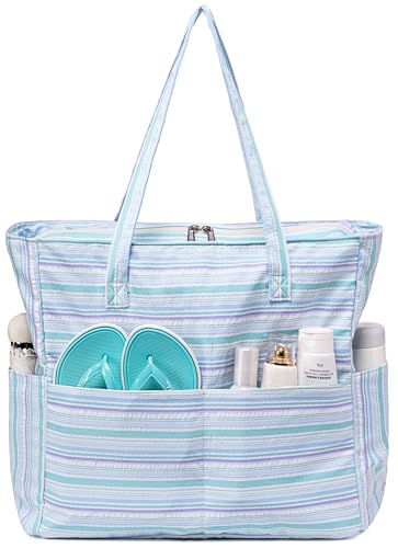 Wasserdichte Strandtasche, Pooltasche für Damen, extra groß, Sporttasche, Handgepäcktasche mit Nassfach für Wochenendreisen, Mehrfarbiger Streifen 1, Large von BLUBOON
