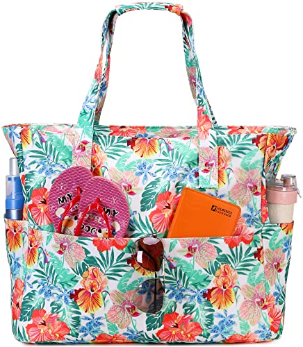 Wasserdichte Strandtasche für Damen und Damen, extra groß, mit Nassfach für Wochenendreisen, Orange/Abendrot im Zickzackmuster (Sunset Chevron), Large von BLUBOON