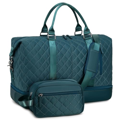 Weekender Overnight Bag Oversized Travel Duffel for Men and Women Carry On Tote Shoe compartment, A1-gesteppt, Pfauenblau von BLUBOON