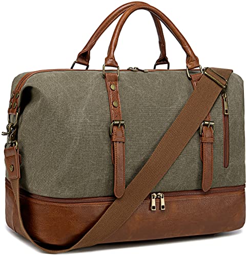 Weekender Übernachtungstasche, übergroße Reisetasche aus Leder für Damen und Herren, Handgepäcktasche, Schuhfach, Z-Army Green-42L von BLUBOON