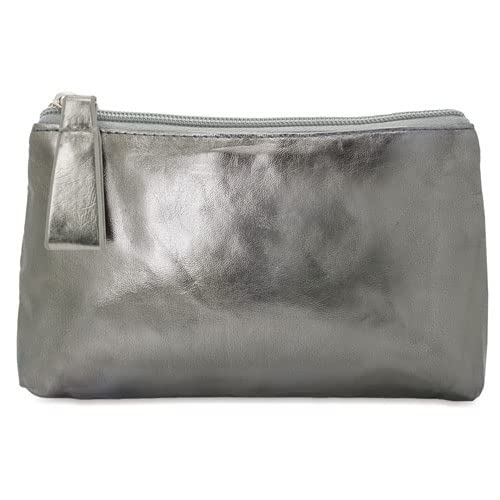 Kulturbeutel aus Kunstleder für Damen, Metallic-Finish, mit Reißverschluss und Griff, Kosmetiktasche für Reisen, Bleifarben von BLUECHOLON