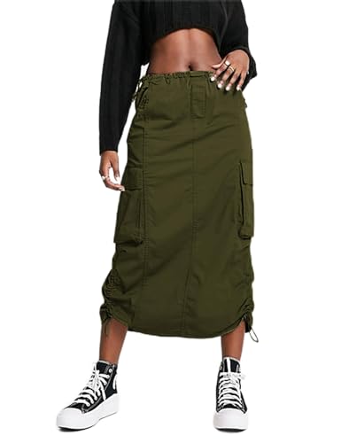 BLUEMING Damen Y2k Cargo Langer Rock Niedrige Taille Kordelzug Maxirock Geraffter Vintage Schlitz Cargo Rock mit Taschen, Grün (Army Green), Mittel von BLUEMING