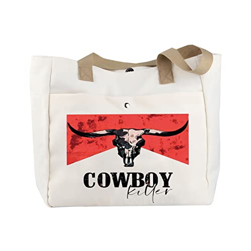 BLUPARK Cowboy Killer Kosmetiktasche Western Cowgirl Geschenk Frauen Wild Vintage Western Rodeo Reißverschluss Tasche Stier Totenkopf Grafik Tasche, Cremeweiß, Cowboy Killer to von BLUPARK