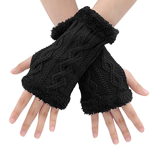 Fingerlose Handschuhe Damen - Winter Armstulpen Halb Fingerhandschuhe Warme Klassisch Strick Handschuhe mit Fleece Futter Pulswärmer Handschuhe Ohne Fingerkuppen Daumenloch Handstulpen für Damen von BLURBE