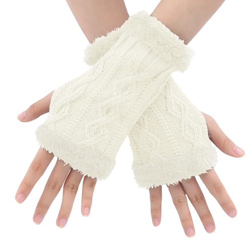 Fingerlose Handschuhe Damen - Winter Armstulpen Halb Fingerhandschuhe Warme Klassisch Strick Handschuhe mit Fleece Futter Pulswärmer Handschuhe Ohne Fingerkuppen Daumenloch Handstulpen für Damen von BLURBE