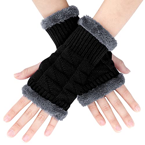 Fingerlose Handschuhe Damen - Winter Armstulpen Halb Fingerhandschuhe Warme Klassisch Strick Handschuhe mit Fleece Futter Pulswärmer Handschuhe Ohne Fingerkuppen Daumenloch Handstulpen für Damen von BLURBE