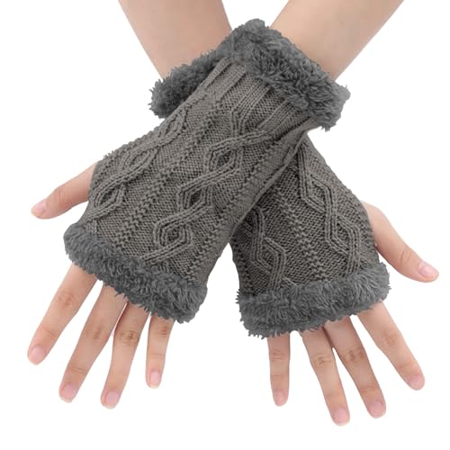 Fingerlose Handschuhe Damen - Winter Armstulpen Halb Fingerhandschuhe Warme Klassisch Strick Handschuhe mit Fleece Futter Pulswärmer Handschuhe Ohne Fingerkuppen Daumenloch Handstulpen für Damen von BLURBE