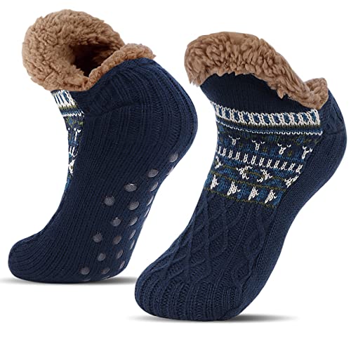 BLURBE Herren-Hausschuhe, flauschige Socken, Winter, Thermo-Strick, dickes Fleece-gefüttert, warm, superweich, gemütlich, rutschfest, groß, flauschig, mit Greifern für Herren, Zuhause, navy, 44 EU von BLURBE