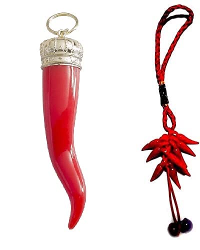 BLUSUPERSHOP 2 Schlüsselanhänger Horn Kunststoff Glücksbringer 14 cm echt groß - Italian Lucky Horn + 1 Schlüsselanhänger Chilischoten Horn Amulett Horn Amulett Horn Lucky Bucky Neapolitanischer Scio, von BLUSUPERSHOP