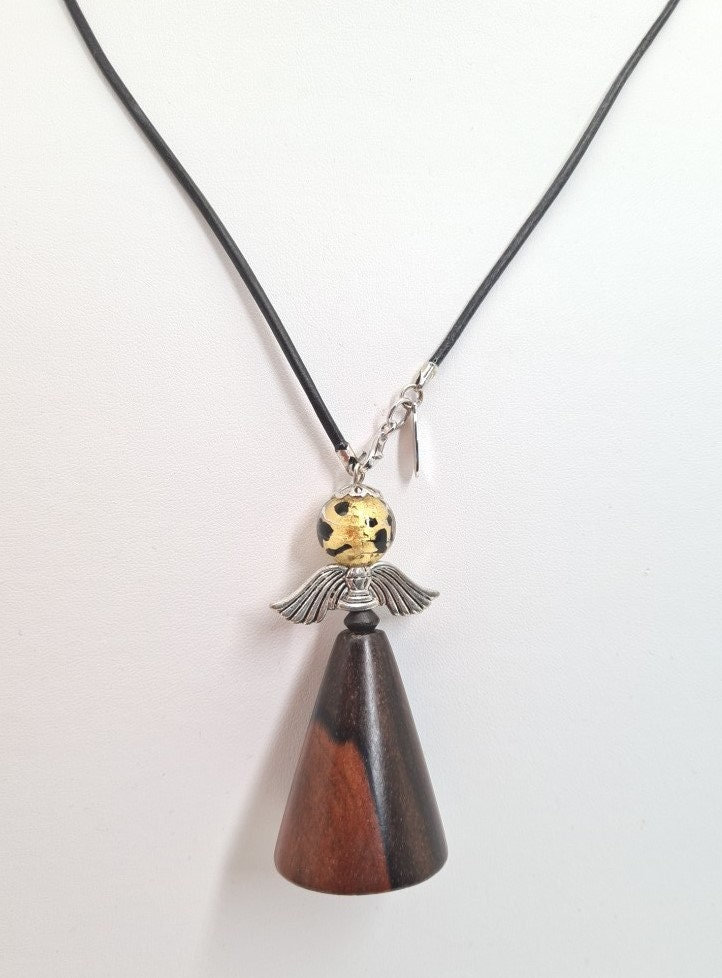 Langer Lederspitzen - Und Engelsanhänger Aus Muranoglas Ebenholz. Einzigartiges Modell von BLatitude