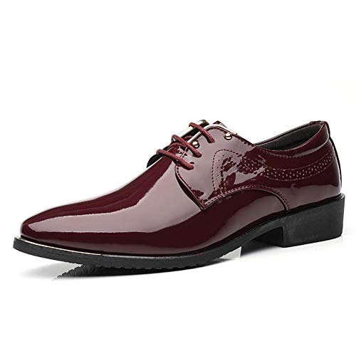 Herren Anzugschuhe Elegante Oxford-Schuhe for Herren for Schnüren, Snip-Toe, Lackleder, Derby-Schuhe, veganes Leder, rutschfest, niedrige Gummisohle, rutschfeste Party ( Color : Weinrot , Size : 44 EU von BMBFLZN