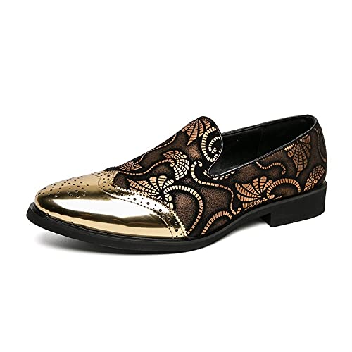 Herren Anzugschuhe Schuhe Kleid Oxford for Herren Slip On Gold Brogue Geprägte Flügelspitze Floral Patchwork Blockabsatz Gummisohle Rutschfest Anti-Rutsch Funktion ( Color : Golden , Size : 44 EU ) von BMBFLZN