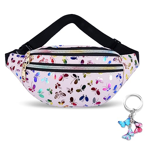 1 Gürteltasche Kinder Mädchen Bauchtasche Mädchen Bauchtasche Damen Glitzer Kinder Bauchtasche Mit Schmetterlingsdruck Mode Wasserdicht Rosa Fügen Sie einen Schmetterlings Schlüsselanhänger hinzu von BMHNQ