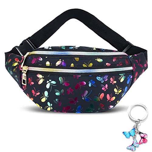 1 Gürteltasche Kinder Mädchen Bauchtasche Mädchen Bauchtasche Damen Glitzer Kinder Bauchtasche Mit Schmetterlingsdruck Mode Wasserdicht Schwarz，Fügen Sie einen Schmetterlings Schlüsselanhänger von BMHNQ