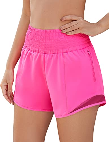 BMJL Damen Athletic Shorts Sport Gym Running Shorts Schnell trocknend Hohe Taille Workout Shorts mit Taschen, Knallpink (Hot Pink), Groß von BMJL